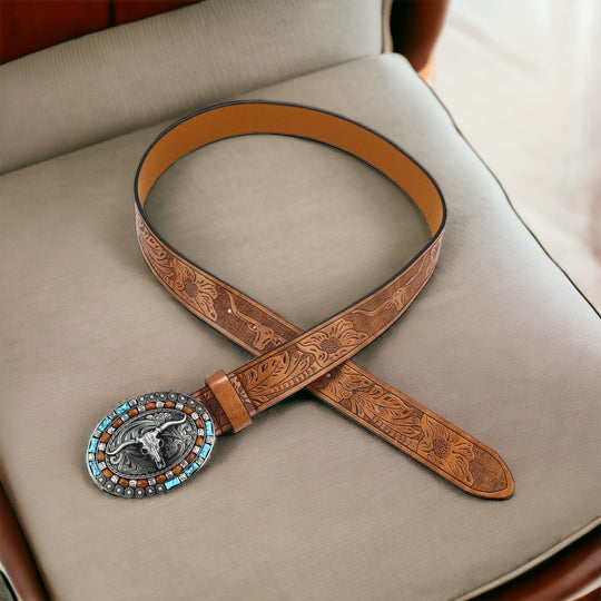 Ceinture en cuir western avec boucle de grande plaque oval avec une de tête de vache - Style rétro