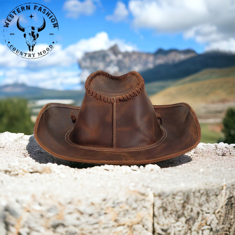 Chapeau Cowboy en Cuir Véritable pour Hommes - Style Western Vintage