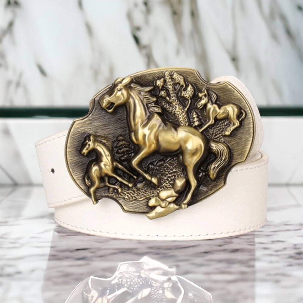 Ceinture en cuir avec motif dorée de chevaux sauvages - Style cowboy de l'Ouest américain.