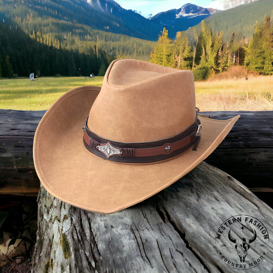 Chapeau de cowboy en cuir véritable à large bord pour hommes et femmes