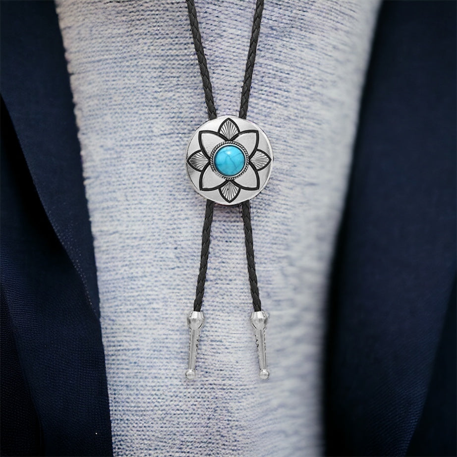 Collier-cravate Bolo avec pendentif en métal fleur et pierre