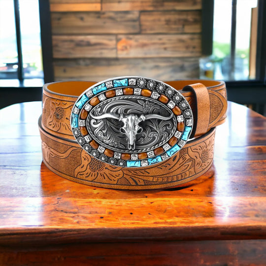 Ceinture en cuir western avec boucle de grande plaque oval avec une de tête de vache - Style rétro