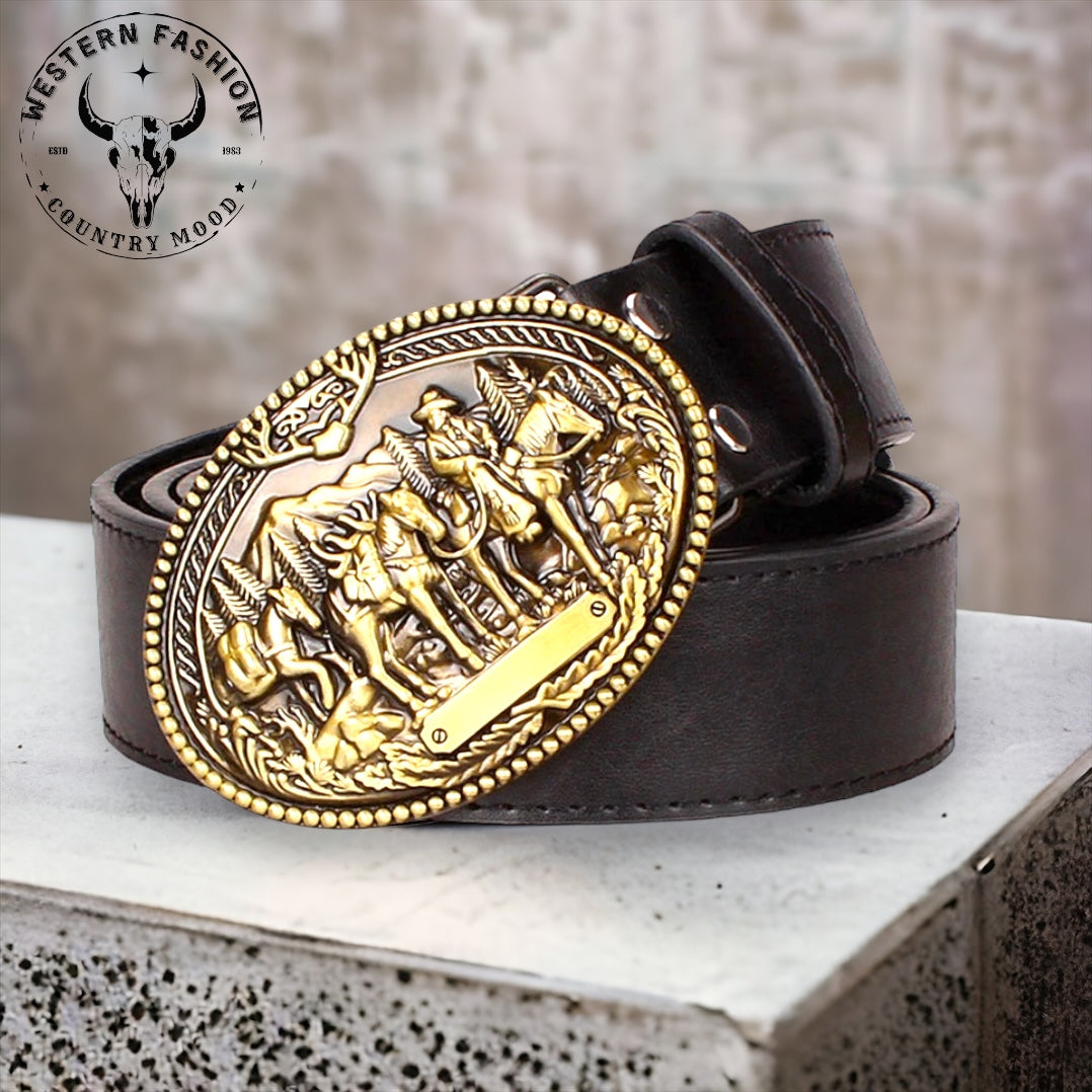 Ceinture en cuir au style cow-boy sauvage avec boucle métallique dorée.