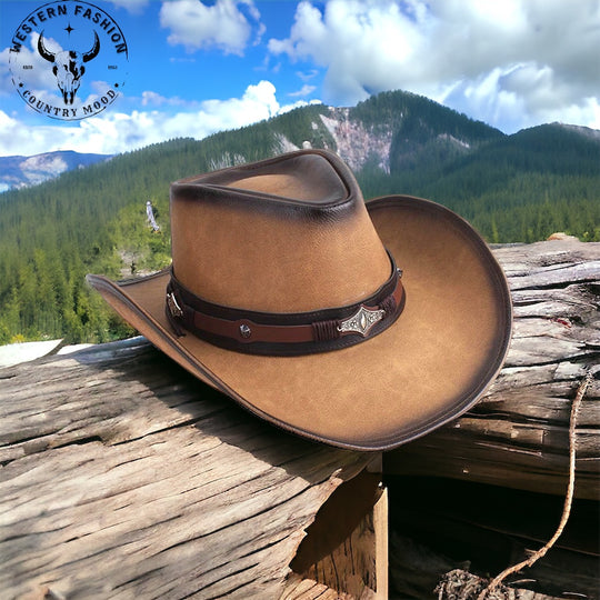 Chapeau de cowboy en cuir véritable à large bord pour hommes et femmes
