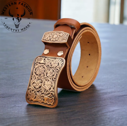 Ceinture en cuir boucle pour ceinture cowboy en laiton massif gravure florale