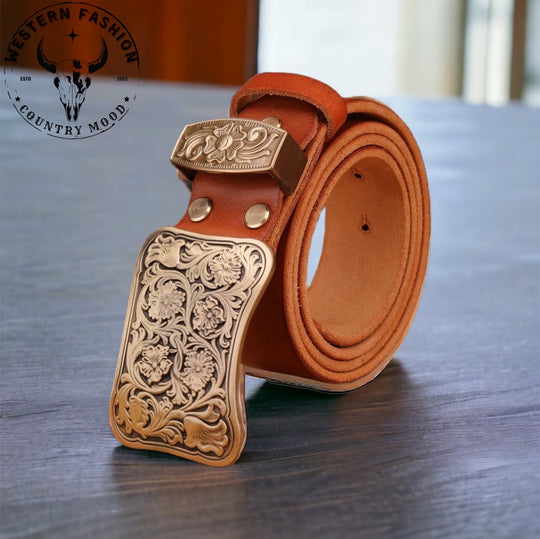 Ceinture en cuir boucle pour ceinture cowboy en laiton massif gravure florale