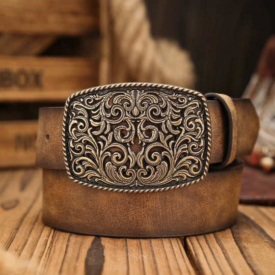 Ceinture Cuir Vintage avec Boucle Gravée