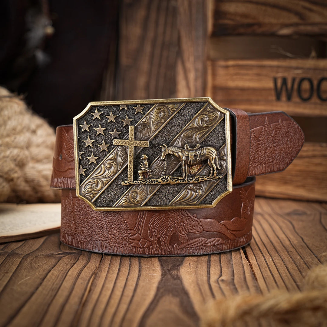 Ceinture en cuir avec croix et cheval - Boucle métallique tendance pour un look de rodéo cowboy.