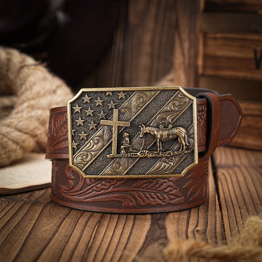 Ceinture en cuir avec croix et cheval - Boucle métallique tendance pour un look de rodéo cowboy.