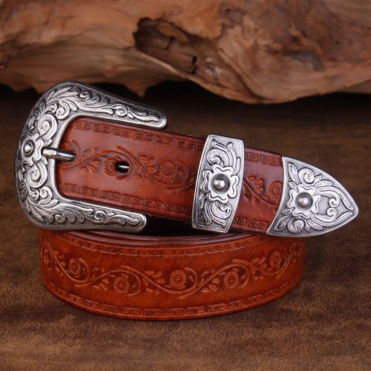 Ceinture en cuir véritable avec boucle en acier style cowboy occidental gravé - élégante et robuste
