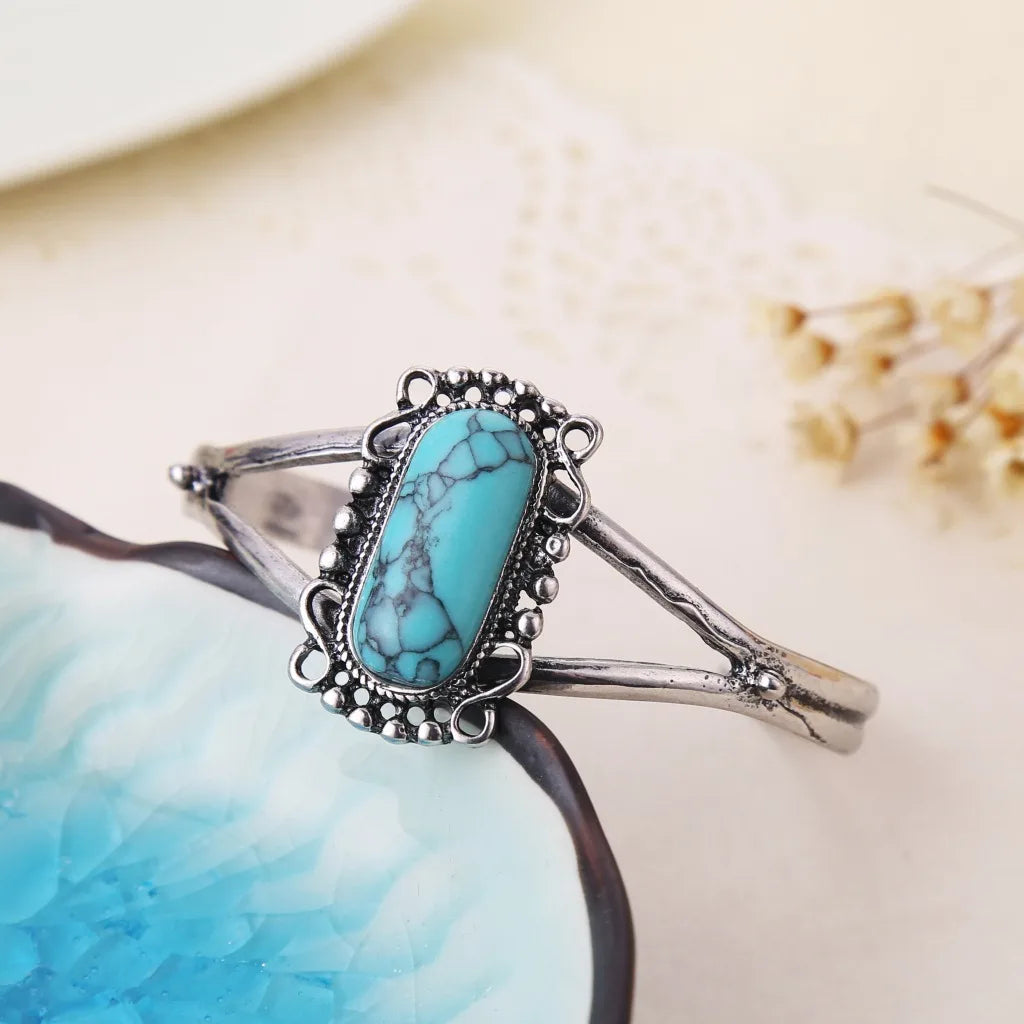 Bracelet Ouvert Rétro Avec Turquoise Naturelle - Style Unique Et Ajustable - Bijou élégant Pour Poignet Femme