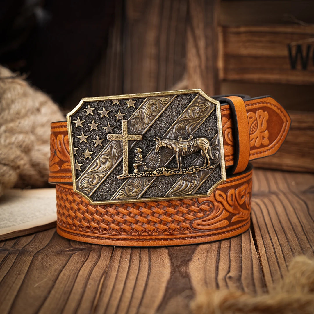 Ceinture en cuir avec croix et cheval - Boucle métallique tendance pour un look de rodéo cowboy.