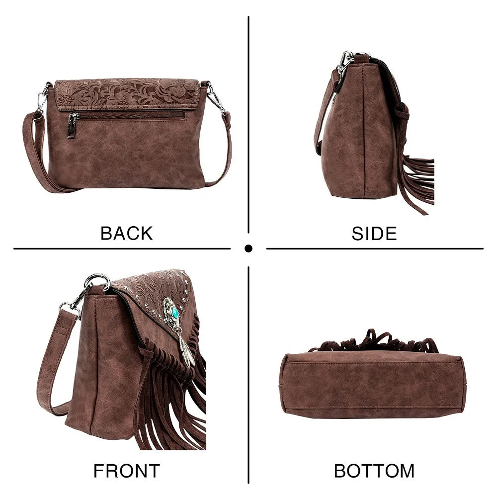 Sac à main western en cuir avec franges et boucle turquoise