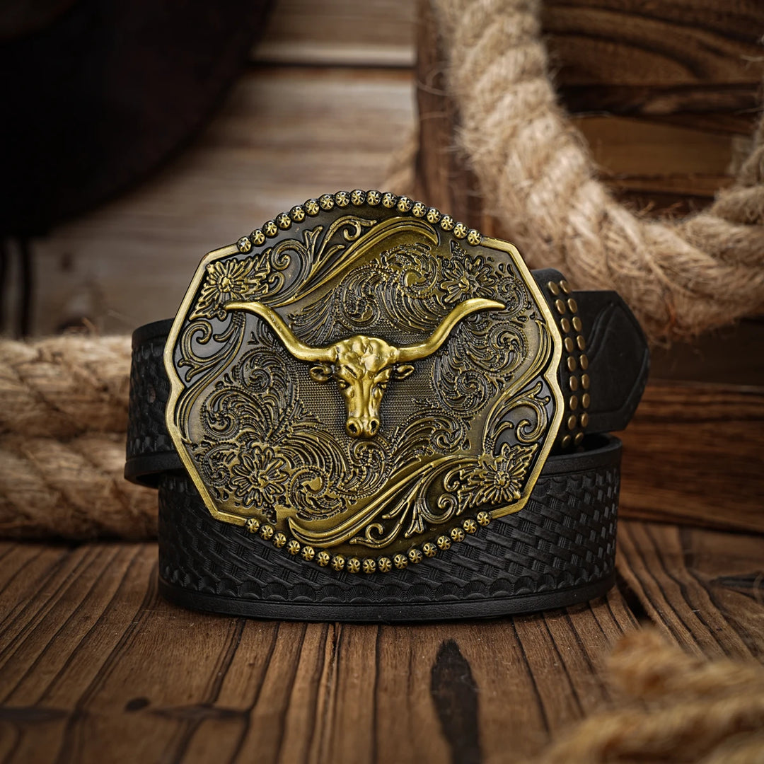 Ceinture en cuir avec décoration en Laiton de Tête de vache vintage