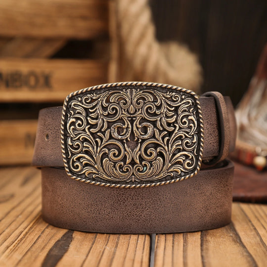 Ceinture Cuir Vintage avec Boucle Gravée