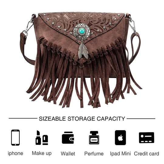 Sac à main western en cuir avec franges et boucle turquoise