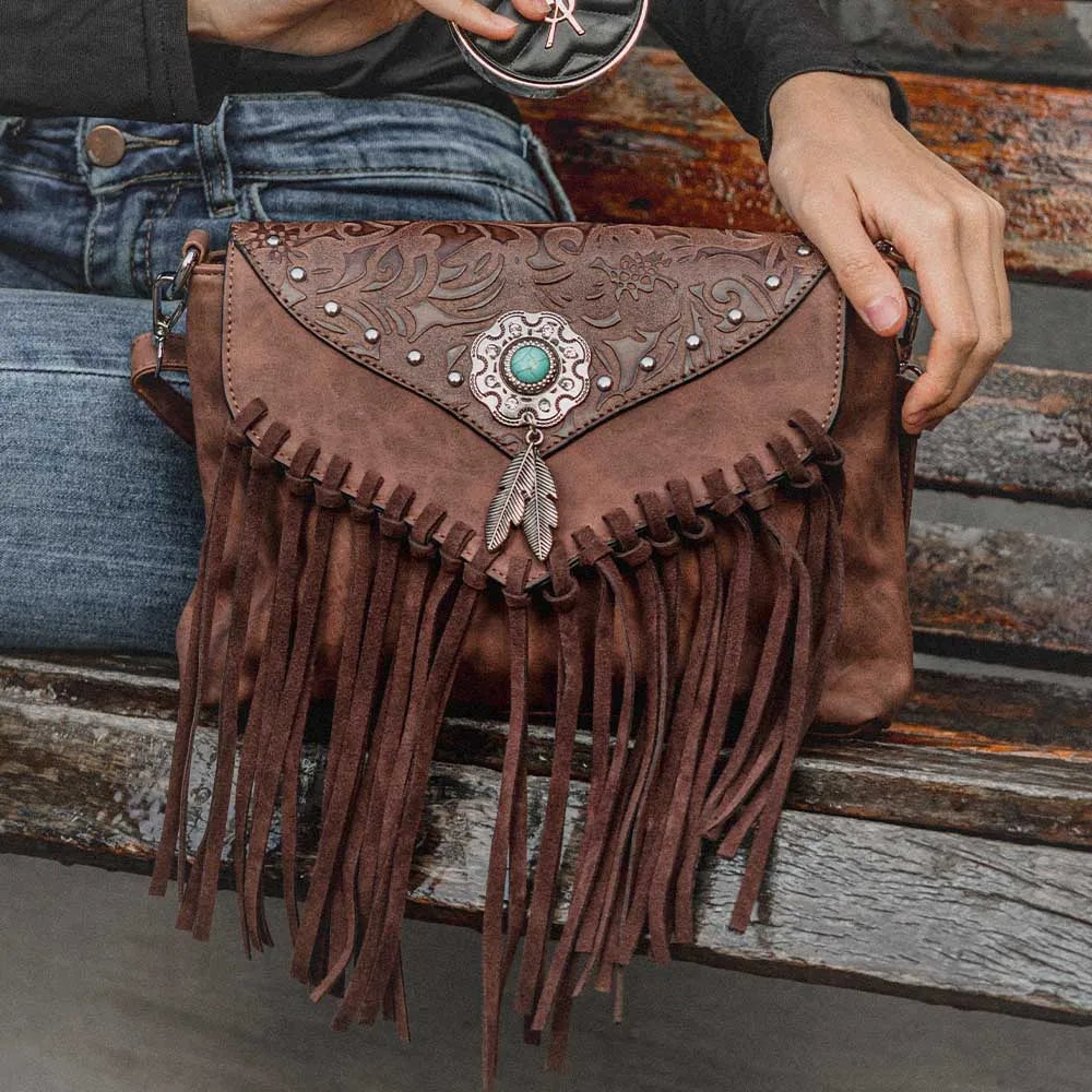 Sac à main western en cuir avec franges et boucle turquoise