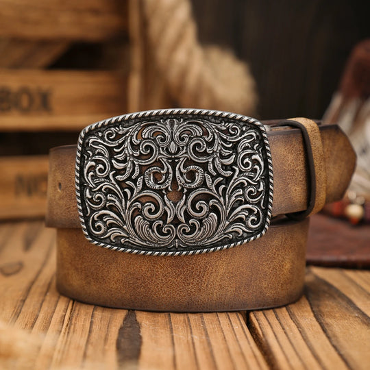 Ceinture Cuir Vintage avec Boucle Gravée
