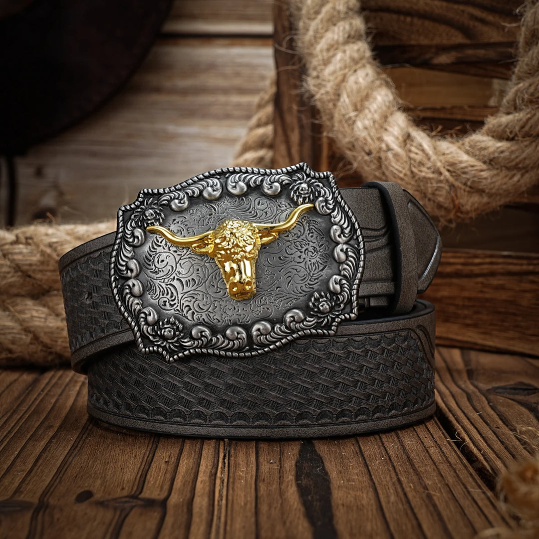 Ceinture Western Cowboy en cuir avec une magnifique décoration de Tête de vache vintage