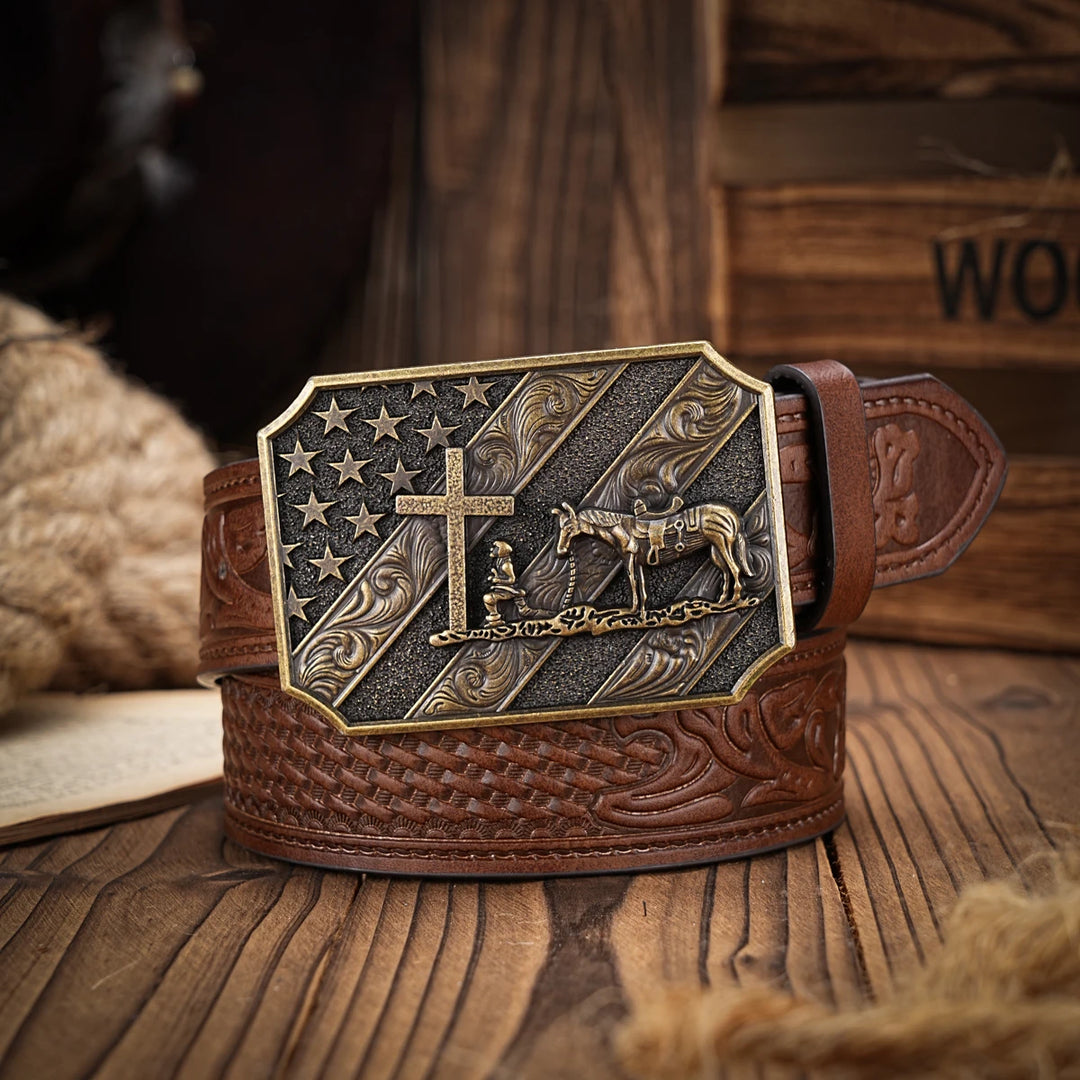 Ceinture en cuir avec croix et cheval - Boucle métallique tendance pour un look de rodéo cowboy.