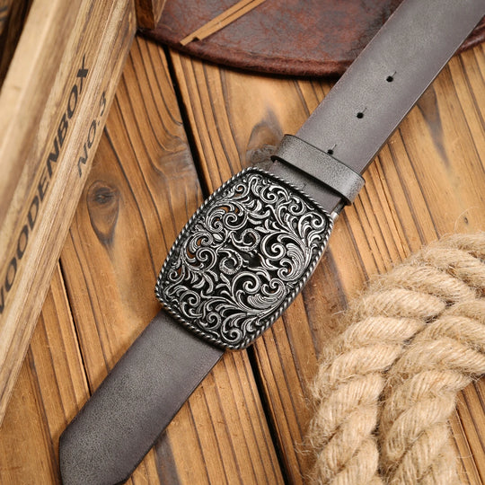 Ceinture Cuir Vintage avec Boucle Gravée