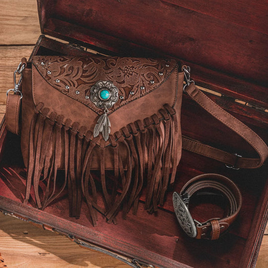 Sac à main western en cuir avec franges et boucle turquoise