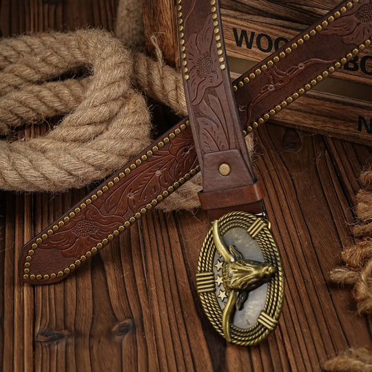 Ceinture en cuir avec décoration de Tête de vache vintage et lasso