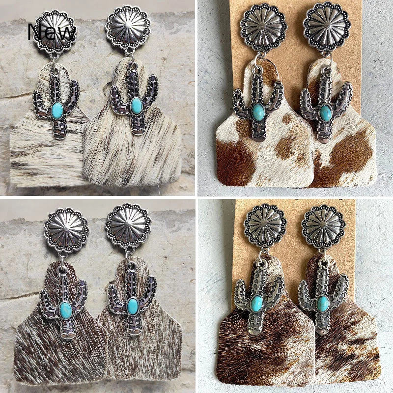 Boucles d'oreilles en cuir véritable avec pendentif en forme de vache et de cactus