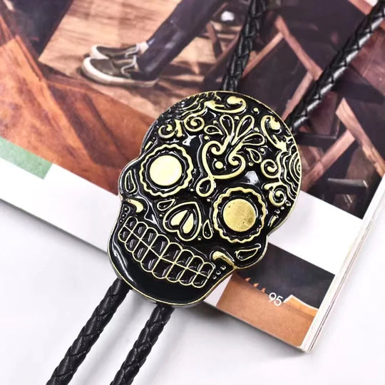 Nœud papillon crâne en cuir avec collier rétro en alliage de zinc personnalisable - style mexicain et américain