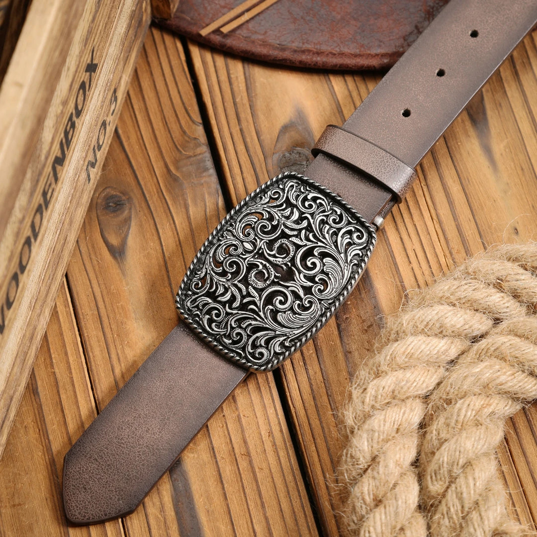 Ceinture Cuir Vintage avec Boucle Gravée