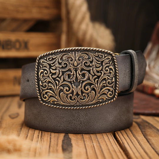 Ceinture Cuir Vintage avec Boucle Gravée